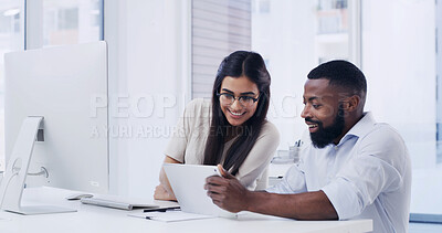 Buy stock photo People, meeting or conversation in creative agency with tablet, computer or idea for digital marketing. Team, collaboration or talk in office with tech, proposal or planning for advertising campaign.