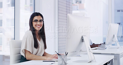 Buy stock photo Portrait, woman and research in office with computer, news report and creative project for journalism. Coworking, person and glasses in agency with pc, pride or editing article for media publication.
