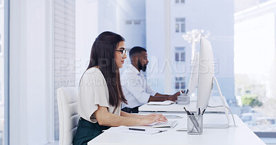 Buy stock photo Creative, woman and typing in office with computer, research story or news report for journalism. Coworking, person and browse in workplace with pc, planning or editing article for media publication.