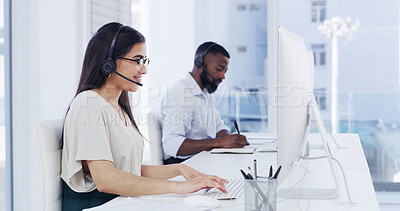 Buy stock photo Typing, woman and consultant in call center with computer, customer care and crm for service. Desktop, contact us and happy person with headset for support, coworking and agent with follow up email