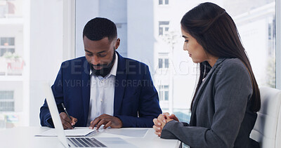 Buy stock photo Writing, manager and employee with laptop in office, contribution and productivity for performance review. Evaluation, survey and people with feedback for career development in workplace efficiency