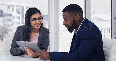 Buy stock photo Reading, manager and employee with tablet in office, investment planning and review research proposal. Smile, forecast and people with tech for feedback, economic opportunity and business growth idea