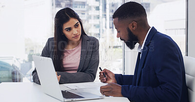 Buy stock photo Discussion, manager and employee with laptop in office, contribution and productivity for performance review. Evaluation survey, people and feedback for career development, pc or workplace efficiency