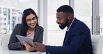 Review, manager and employee with tablet in office, investment planning and reading research proposal. Smile, forecast and people with tech for feedback, economic opportunity and business growth idea