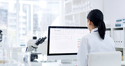 Buy stock photo Woman, scientist and reading with computer in lab for research, experiment and medical report. Back, female person and pc screen with schedule, investigation results and information for vaccine study