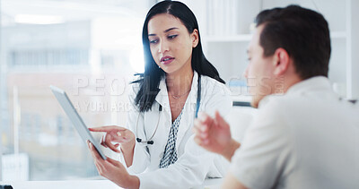Buy stock photo Tablet, office and doctor with man for consultation, medical service and online results for diagnosis. Healthcare, clinic and woman with patient on tech for appointment, wellness report and advice