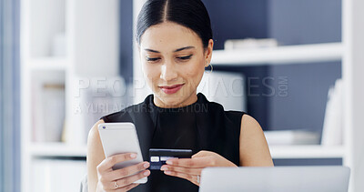 Buy stock photo Happy woman, office and credit card with phone for online shopping, business or purchase. Female person, shopper or debit with smile on mobile smartphone for ecommerce app or wireless transaction