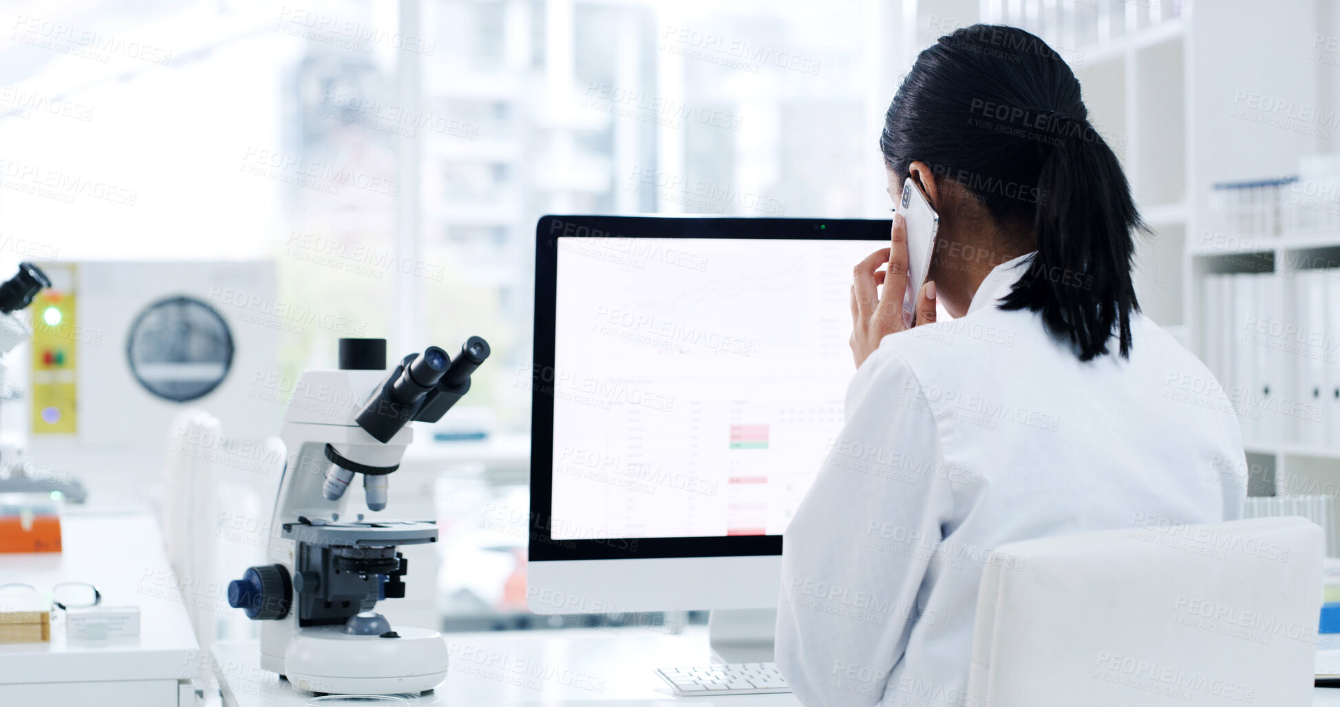 Buy stock photo Phone call, science and computer with woman in laboratory for research, drug development or contact. Pharmacy trial, digital report and medical solution with back of person for cure and healthcare