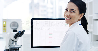 Buy stock photo Portrait, happy woman and scientist in lab for medical research, pharma development or microbiology. Biologist, science and person with smile, professional and computer screen for biotechnology