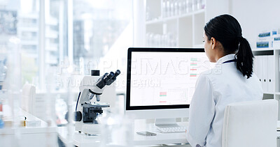 Buy stock photo Back, woman and scientist with computer in lab for research, experiment and medical report. Female person, reading and pc screen with schedule, investigation results and information for vaccine study