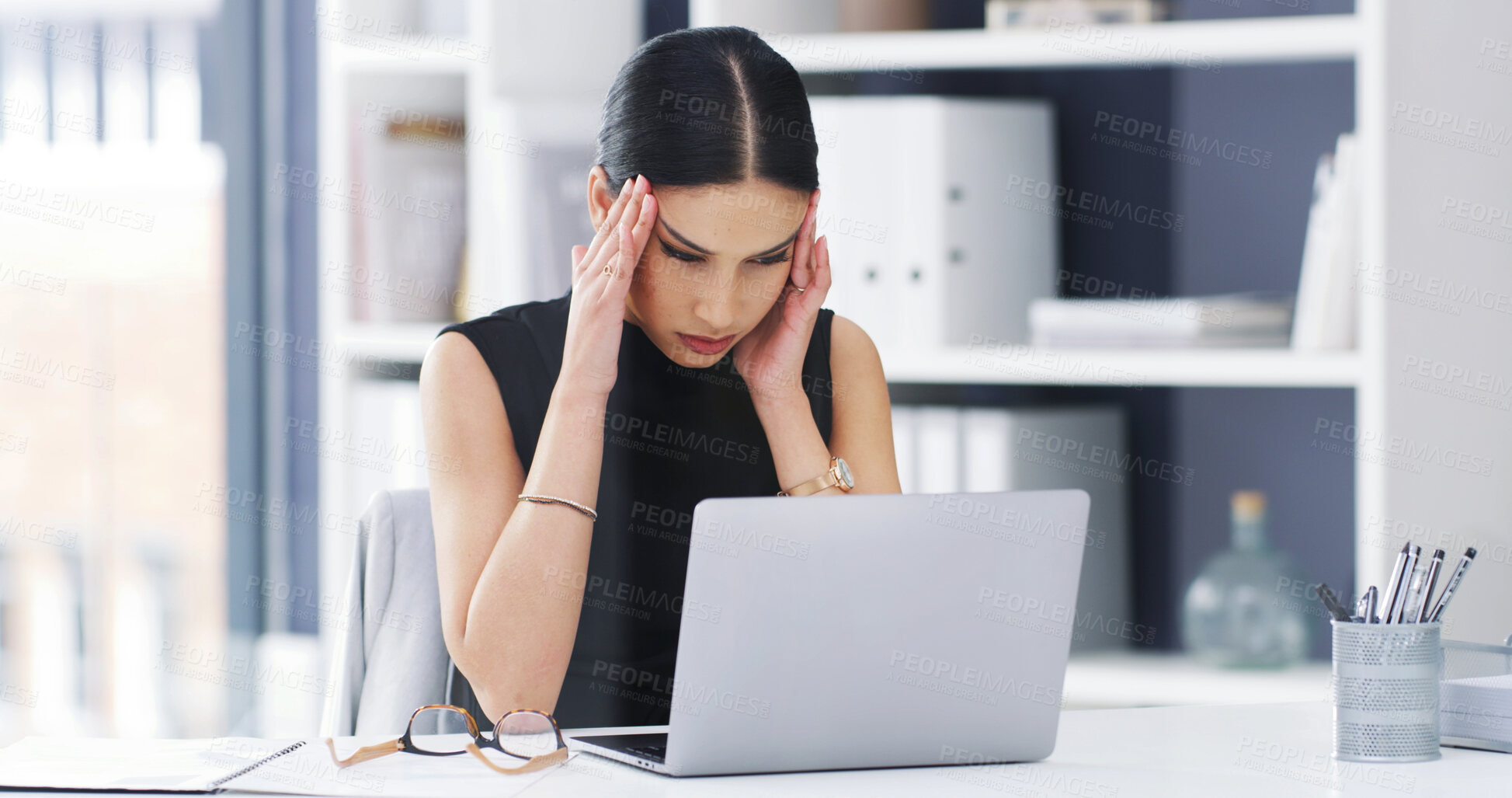 Buy stock photo Stress, headache or employee in agency with laptop, work pressure or update mistake in task management. Fatigue, vertigo or woman in workplace with tech, migraine massage or burnout in deadline issue