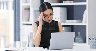 Buy stock photo Stress, headache or woman in agency with laptop, work pressure or update mistake in task management. Fatigue, vertigo or employee with technology, migraine massage or burnout in deadline issue.