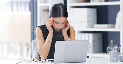 Buy stock photo Stress, headache or employee in office with laptop, burnout or update mistake in task management. Fatigue, vertigo or woman in workplace with tech, migraine massage or pressure with deadline issue.