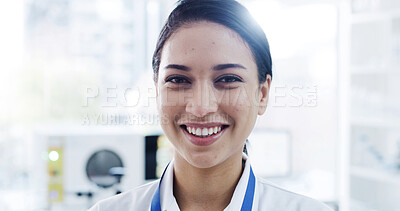 Buy stock photo Smile, woman and scientist in lab for research, pharma development or about us for career pride. Biologist, science and portrait of happy person, confidence and medical professional with innovation