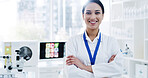 Portrait, woman or scientist with confidence in lab for research, pharma development or microbiology. Biologist, science and happy person with arms crossed, about us and medical worker with pride