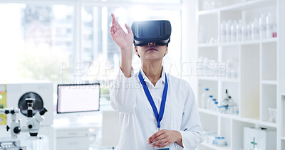 Buy stock photo Woman, scientist and simulation with VR for augmented reality, virtual analysis or software in laboratory. Female person, doctor or medical research with tech for cyber study, test or innovation