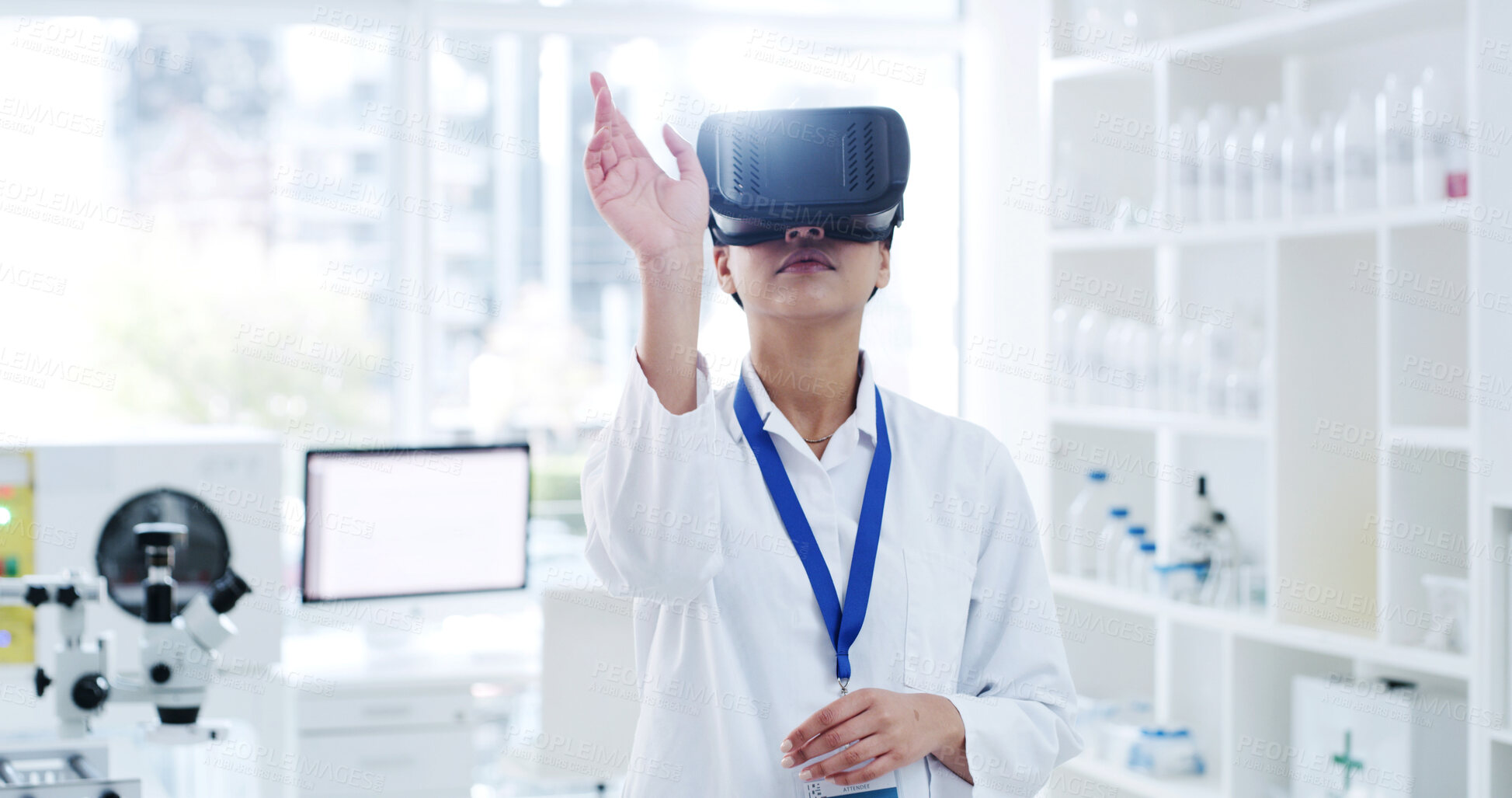 Buy stock photo Woman, scientist and simulation with VR for augmented reality, virtual analysis or software in laboratory. Female person, doctor or medical research with tech for cyber study, test or innovation