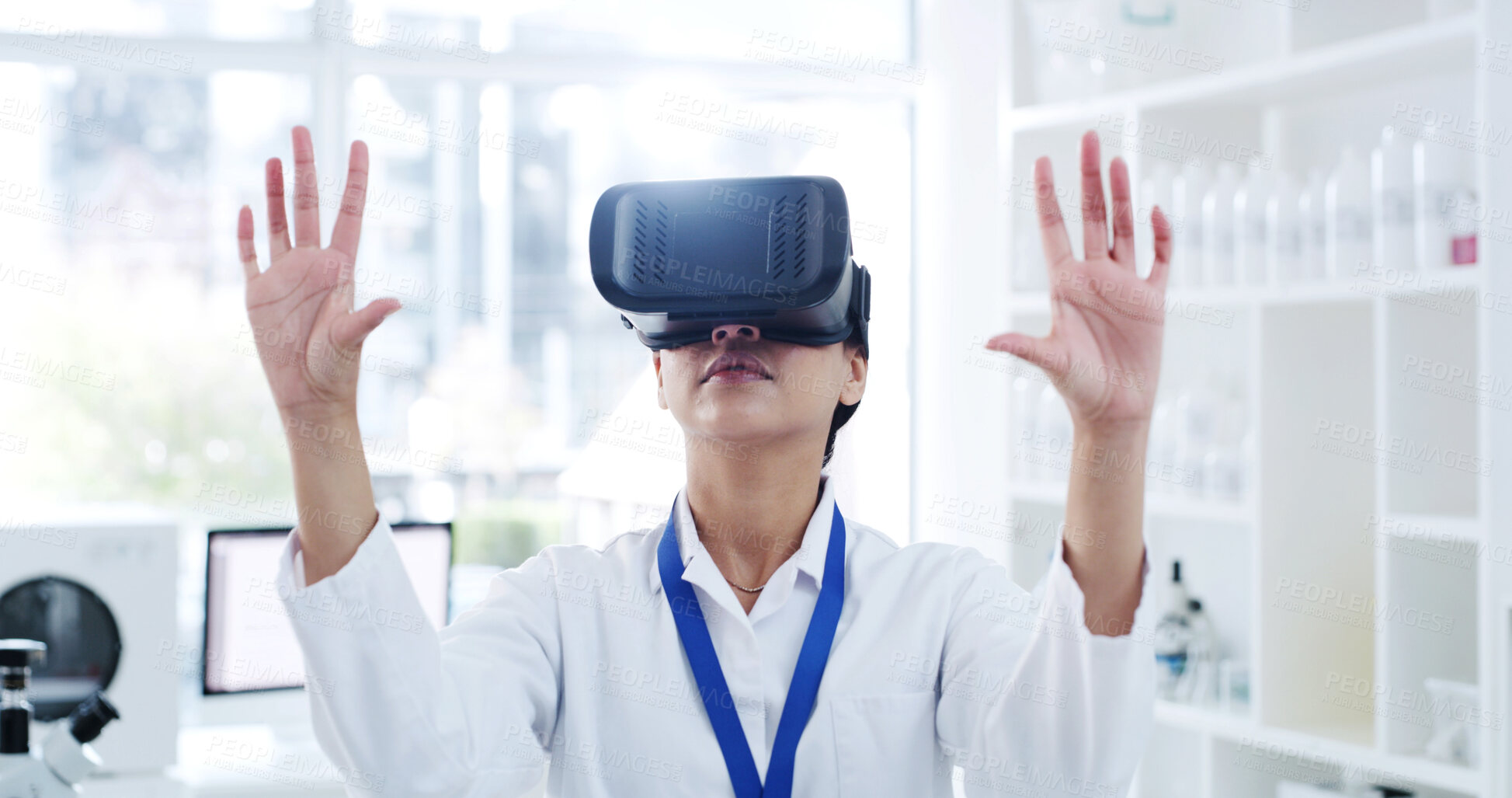 Buy stock photo Woman, scientist and simulation with goggles for virtual reality, analysis or augmented software in laboratory. Person, doctor or medical research with VR tech for cyber study, test or innovation