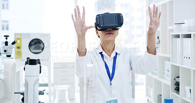 Buy stock photo Woman, scientist and medical research with goggles for virtual reality, analysis or software in laboratory. Person, doctor or simulation with VR tech for cyber study, augmented test or innovation