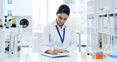 Buy stock photo Scientist, document and woman with medical research, writing and healthcare for notes in laboratory. Paperwork, doctor and report with chemist, test results or development with biotechnology study