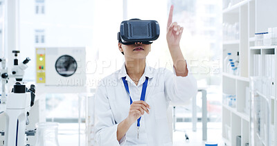 Buy stock photo Woman, scientist and medical research with VR for augmented reality, analysis or software in laboratory. Person, doctor or simulation with tech goggles for cyber study, virtual test or innovation