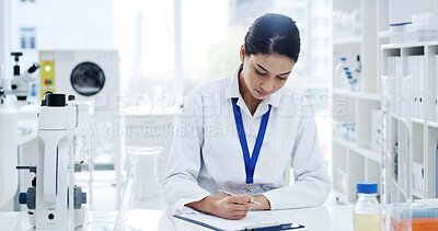 Buy stock photo Science, notes or woman in lab with clipboard, study development or research results in experiment. Medical, form or scientist with writing, investigation report or info checklist in clinical trial.