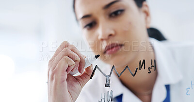 Buy stock photo Woman, scientist or writing with glass board for medical research, equation or problem solving. Female person, doctor or chemical study with window for experiment ideas or brainstorming in laboratory