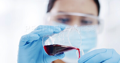 Buy stock photo Hands, scientist and beaker with blood sample at lab for medical research, ppe or cure for virus, Person, gloves and container with liquid for innovation, pharmaceutical study or vaccine development