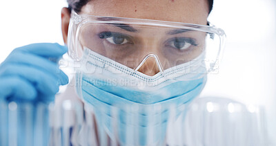 Buy stock photo Woman, scientist and test tube with face mask at lab for medical research, ppe or cure for virus, Person, gloves and container with glasses for science, pharmaceutical study or vaccine development