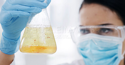 Buy stock photo Hands, beaker and scientist at lab with liquid, sample and reaction medical research for virus cure. Person, science and container with ppe for insight, pharmaceutical study or vaccine development