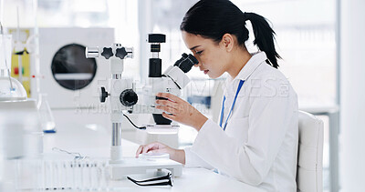 Buy stock photo Woman, microscope and medical research at laboratory for bacteria, particles and analysis for virus cure. Person, pharmaceutical study and equipment for germs, molecules and vaccine development