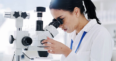 Buy stock photo Woman, microscope and medical research at laboratory for particles, bacteria or sample analysis for virus cure. Person, pharmaceutical study and equipment for germs, molecules and vaccine development