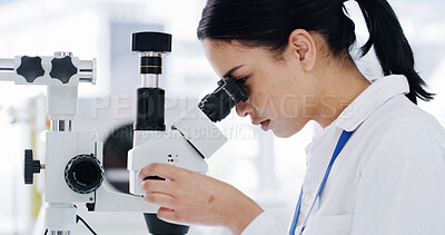 Buy stock photo Microscope, science and research with woman in laboratory for study, drug development or test. Pharmacy trial, biology report and medical solution with scientist in clinic for cure and healthcare