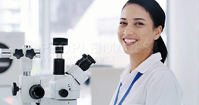 Buy stock photo Portrait, happy woman and scientist with microscope in lab for research, development or microbiology. Biologist, science and person with equipment, confident professional or medical worker with pride