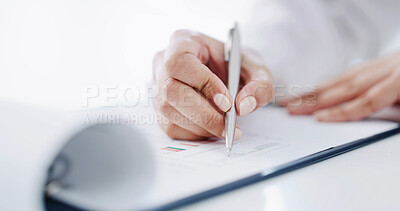 Buy stock photo Science, notes or hands in lab with clipboard, study development or research results in experiment. Medical, woman or scientist with writing, investigation report or data checklist in clinical trial.