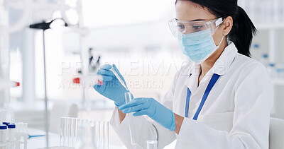 Buy stock photo Science, pipette or woman in lab with tube, biotechnology or fluid test for vaccine development. Medical, examination or scientist in clinic with sample, research or analysis in pharmaceutical study.