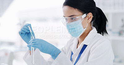 Buy stock photo Science, pipette or woman in lab with test tube, biotechnology or fluid exam for vaccine development. Medical, liquid or scientist in clinic with sample, research or analysis in pharmaceutical study.