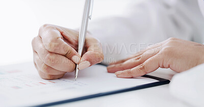 Buy stock photo Science, notes or hands in laboratory with clipboard, study or research results in experiment. Medical, woman or scientist with writing, investigation report or data checklist in clinical trial.