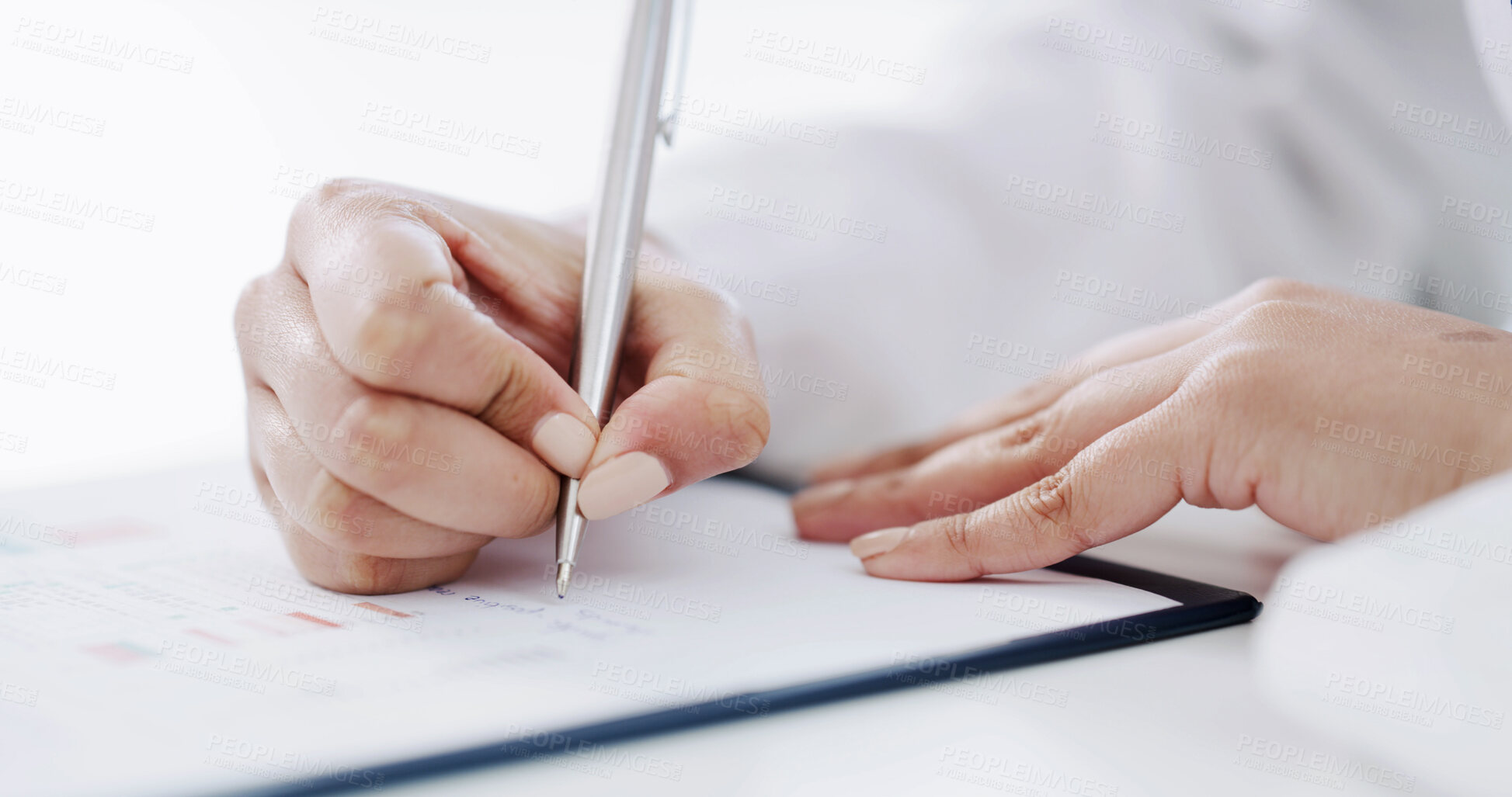 Buy stock photo Science, notes or hands in laboratory with clipboard, study or research results in experiment. Medical, woman or scientist with writing, investigation report or data checklist in clinical trial.