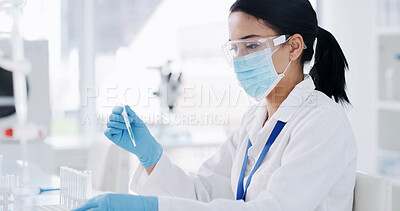 Buy stock photo Medical, pipette or woman in clinic with tube, biotechnology or fluid exam in vaccine development. Science, research or expert in lab with sample, liquid test or analysis in pharmaceutical study.