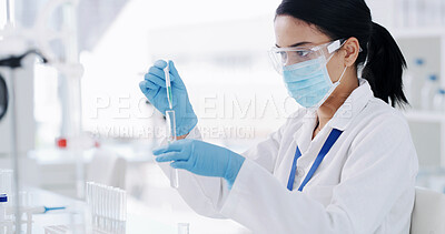 Buy stock photo Medical, pipette or woman in lab with tube, biotechnology or fluid exam for vaccine development. Science, ppe or researcher in clinic with sample, liquid test or analysis in pharmaceutical study.