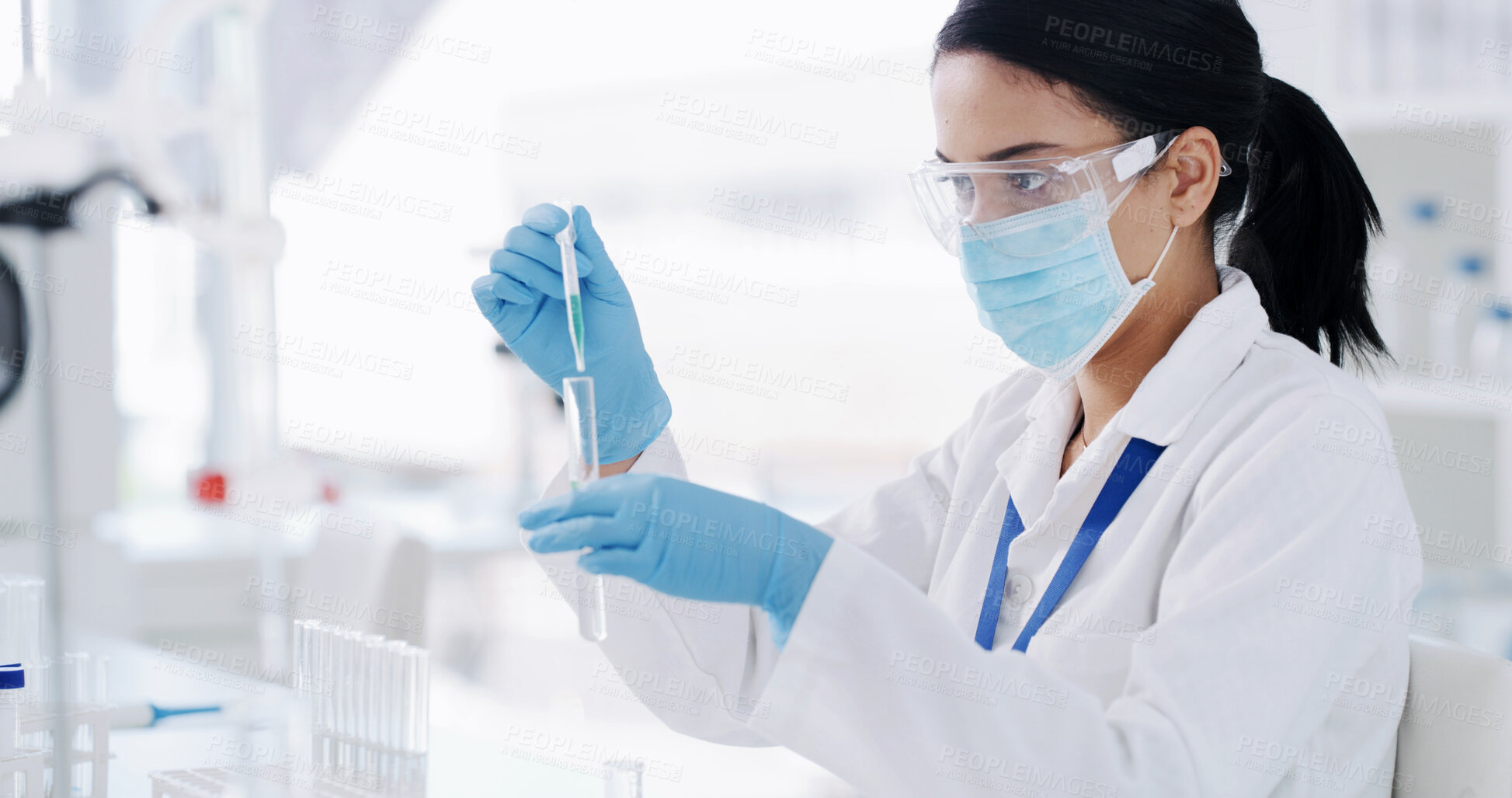 Buy stock photo Medical, pipette or woman in lab with tube, biotechnology or fluid exam for vaccine development. Science, ppe or researcher in clinic with sample, liquid test or analysis in pharmaceutical study.