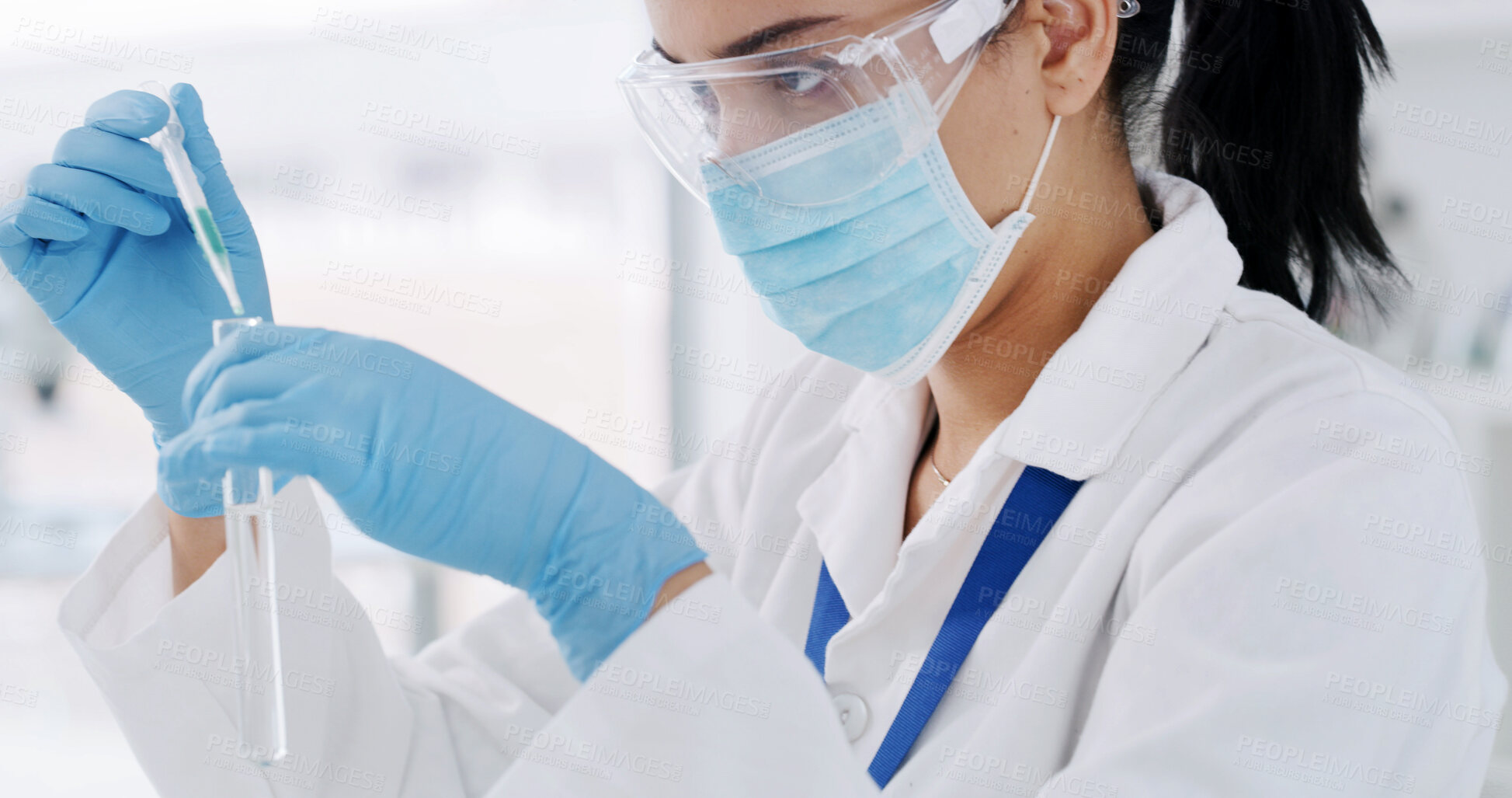 Buy stock photo Medical, dropper or woman in clinic with tube, biotechnology or fluid exam in vaccine development. Science, research or researcher in lab with pipette, liquid test or analysis in pharmaceutical study