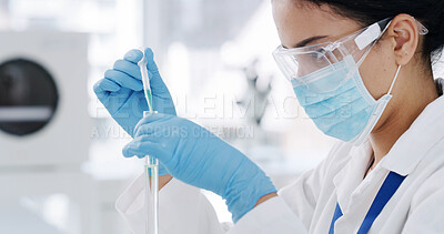 Buy stock photo Medical, dropper or woman in lab with tube, biotechnology or fluid exam in vaccine development. Science, research or expert in clinic with pipette, liquid test or analysis in pharmaceutical study.