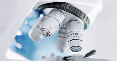 Buy stock photo Science, microscope or tools in lab for medical research, investigation or pathology sample testing. Biotechnology, lens equipment or instrument closeup for healthcare study, forensics or experiment.