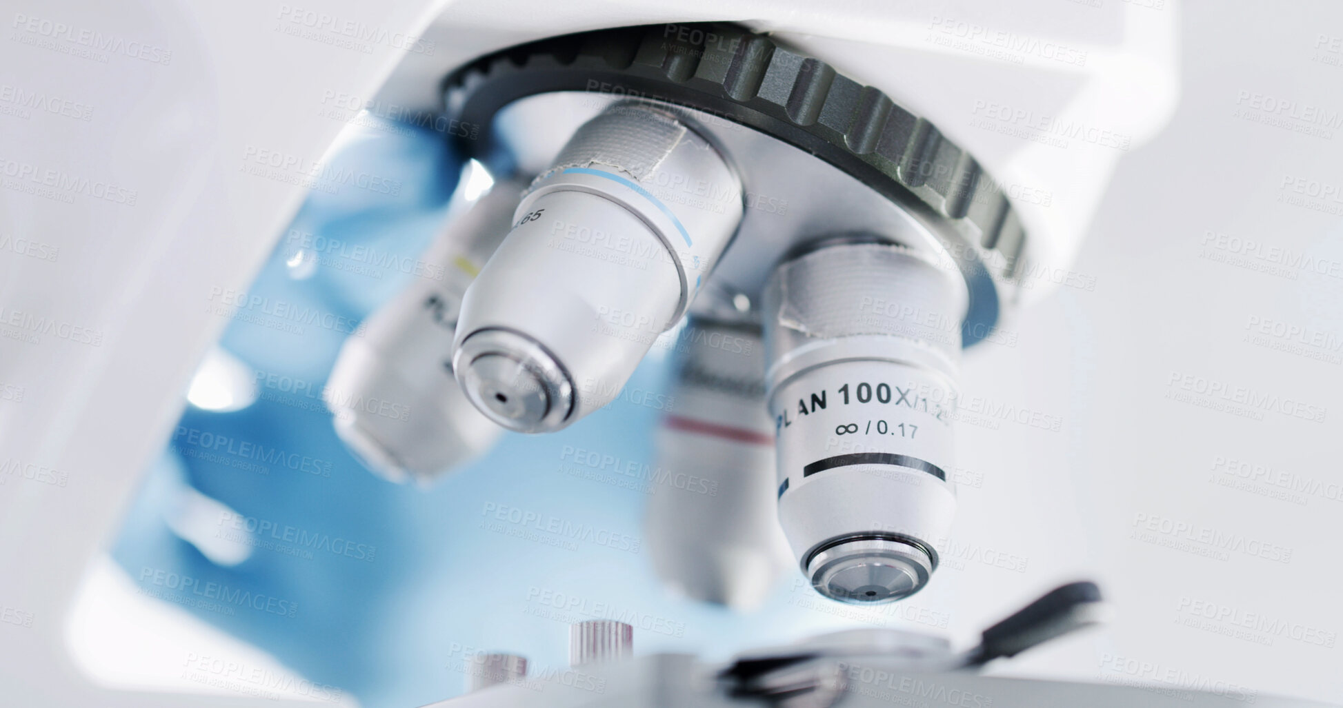 Buy stock photo Science, microscope or tools in lab for medical research, investigation or pathology sample testing. Biotechnology, lens equipment or instrument closeup for healthcare study, forensics or experiment.