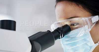 Buy stock photo Lab, glasses and woman with microscope, science and medical research for vaccine development or cure. Healthcare, scientist and person with equipment for innovation, biotechnology and investigation