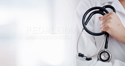 Buy stock photo Space, stethoscope and hands of doctor in hospital for medical service, health insurance and wellness. Healthcare, mockup and person with equipment for cardiology, heart specialist and clinic career