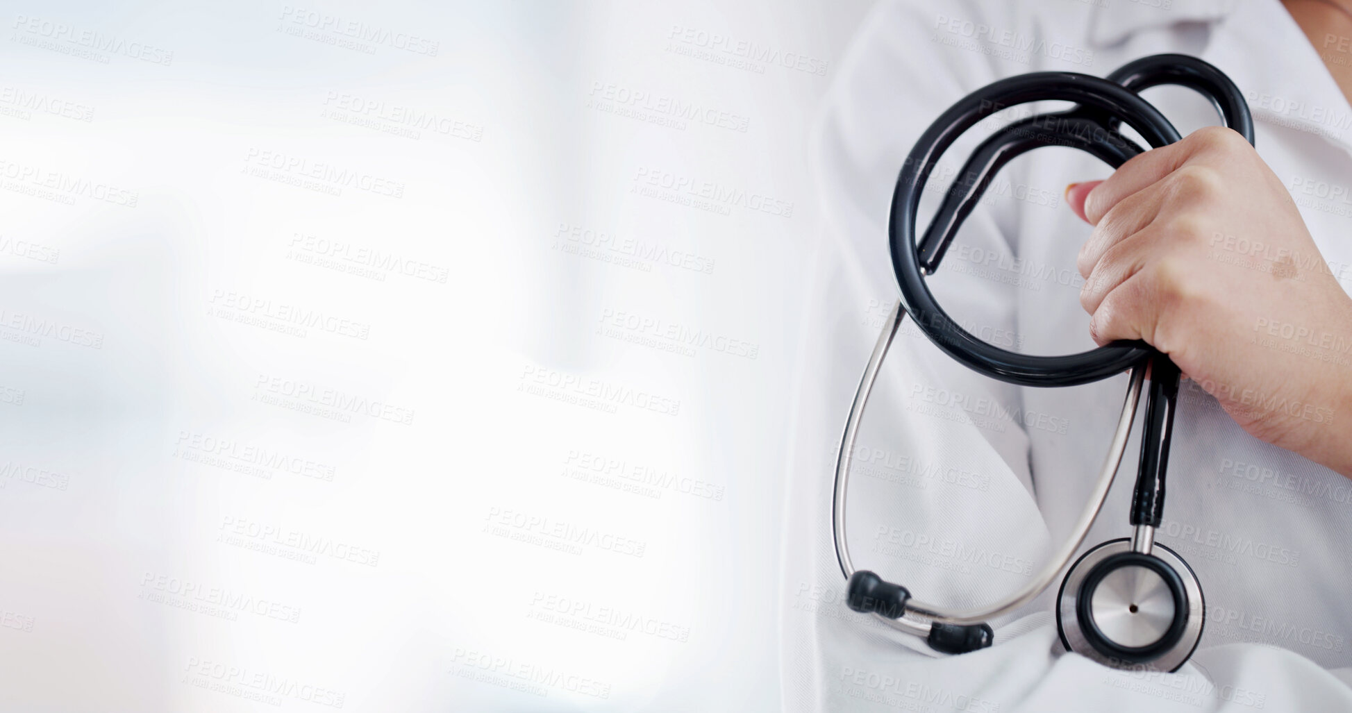 Buy stock photo Space, stethoscope and hands of doctor in hospital for medical service, health insurance and wellness. Healthcare, mockup and person with equipment for cardiology, heart specialist and clinic career