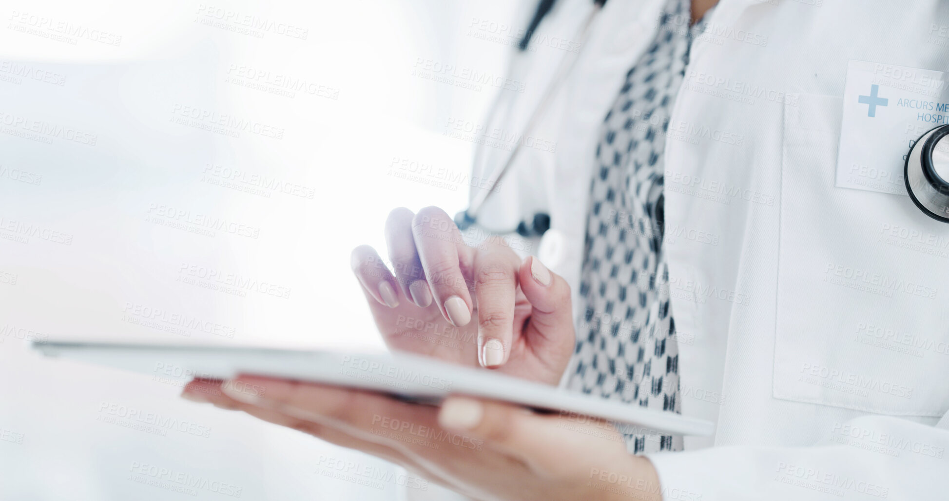 Buy stock photo Healthcare, doctor and hands with tablet, scroll and treatment plan with patient history and online. Hospital, medical professional and person with tech for diagnosis update, research and wellness